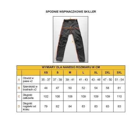 Tabela Rozmiarow_Spodnie_Wspinaczkowe_AGREST_SKILLER